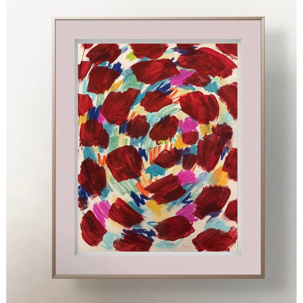 OMAN Original Abstract Painting on Paper 8x11 Red Blue Yellow Modern Art